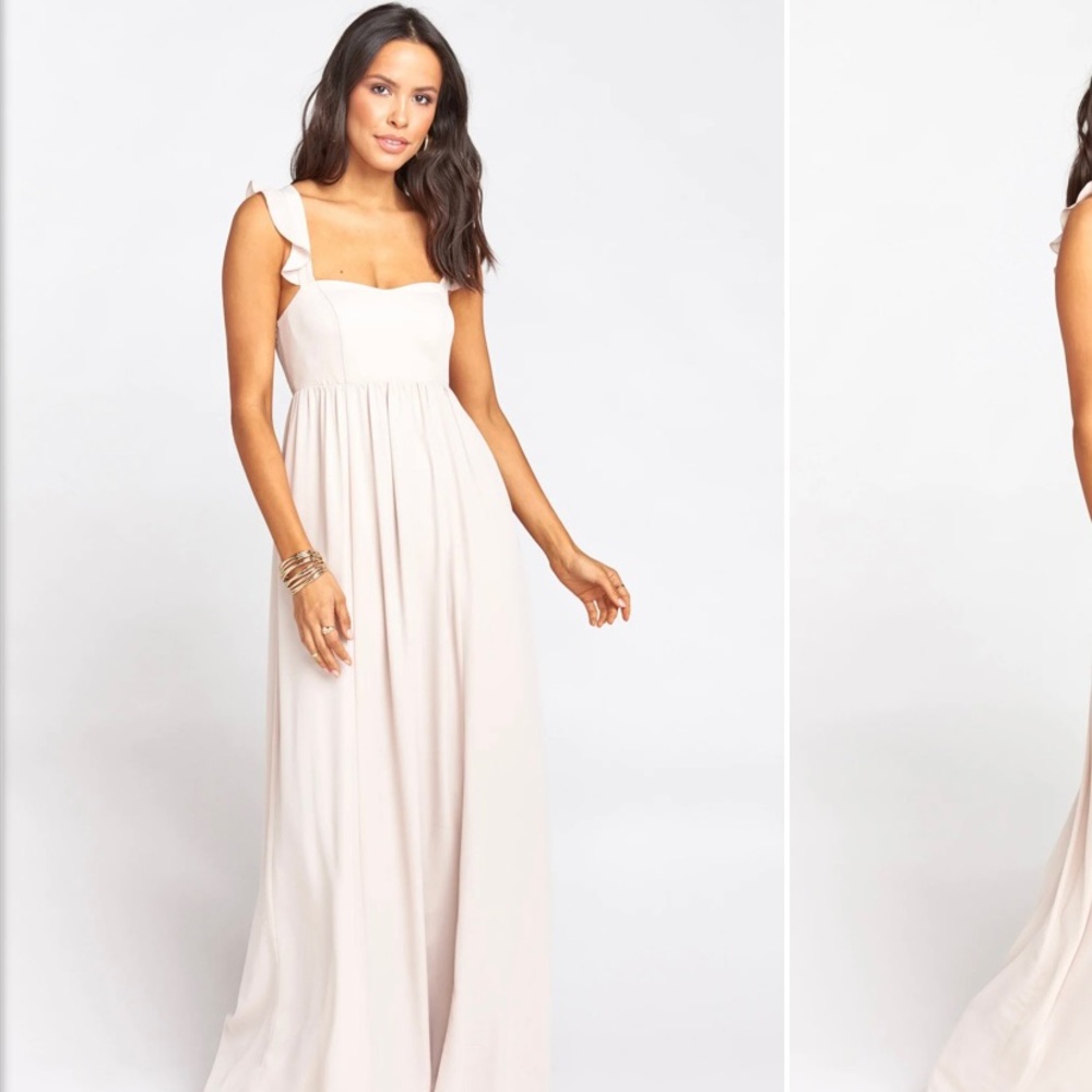 Show me your mumu light pink gown worn once. Beautiful color in size small.